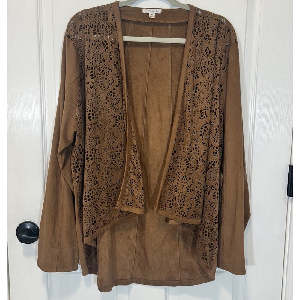 Erin London Laser Cut Brown Faux Suede Open Front Jacket - XL